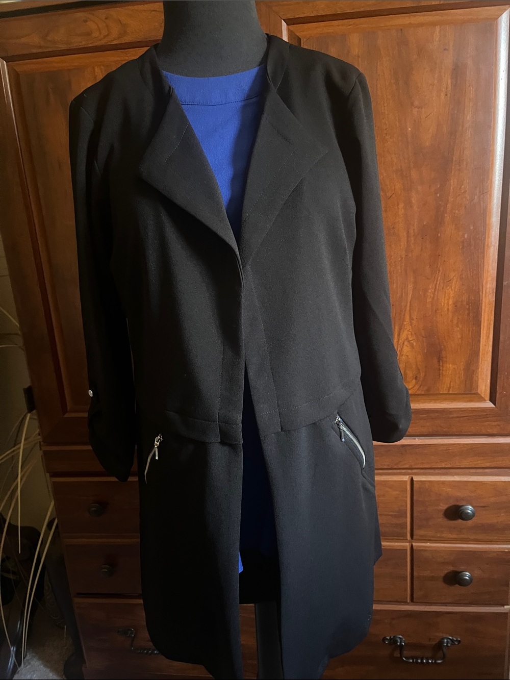 Soho Apparel Black Long Open Front Blazer Coat with Zip Pockets